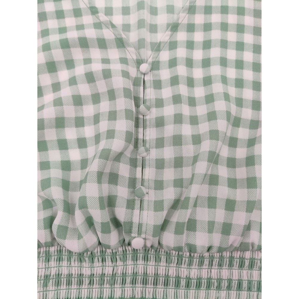 Forever 21 Green Gingham Plaid Smocked Waist V-Neck Crop Top Large - Picture 6 of 8